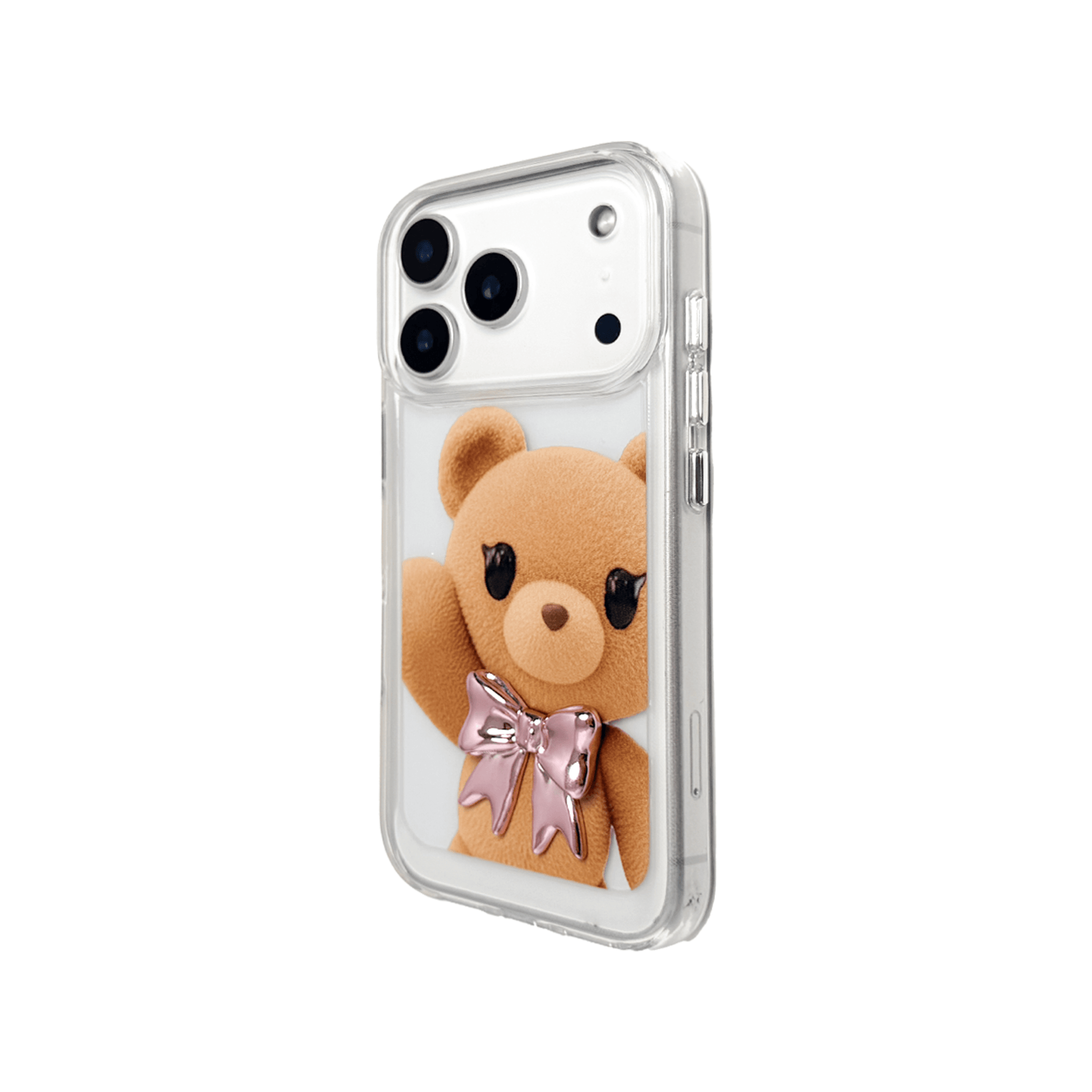 A clear iPhone case featuring a large illustration of a standing brown teddy bear wearing a textured, pink or purplish bow tie. The bear is centered on the transparent case.