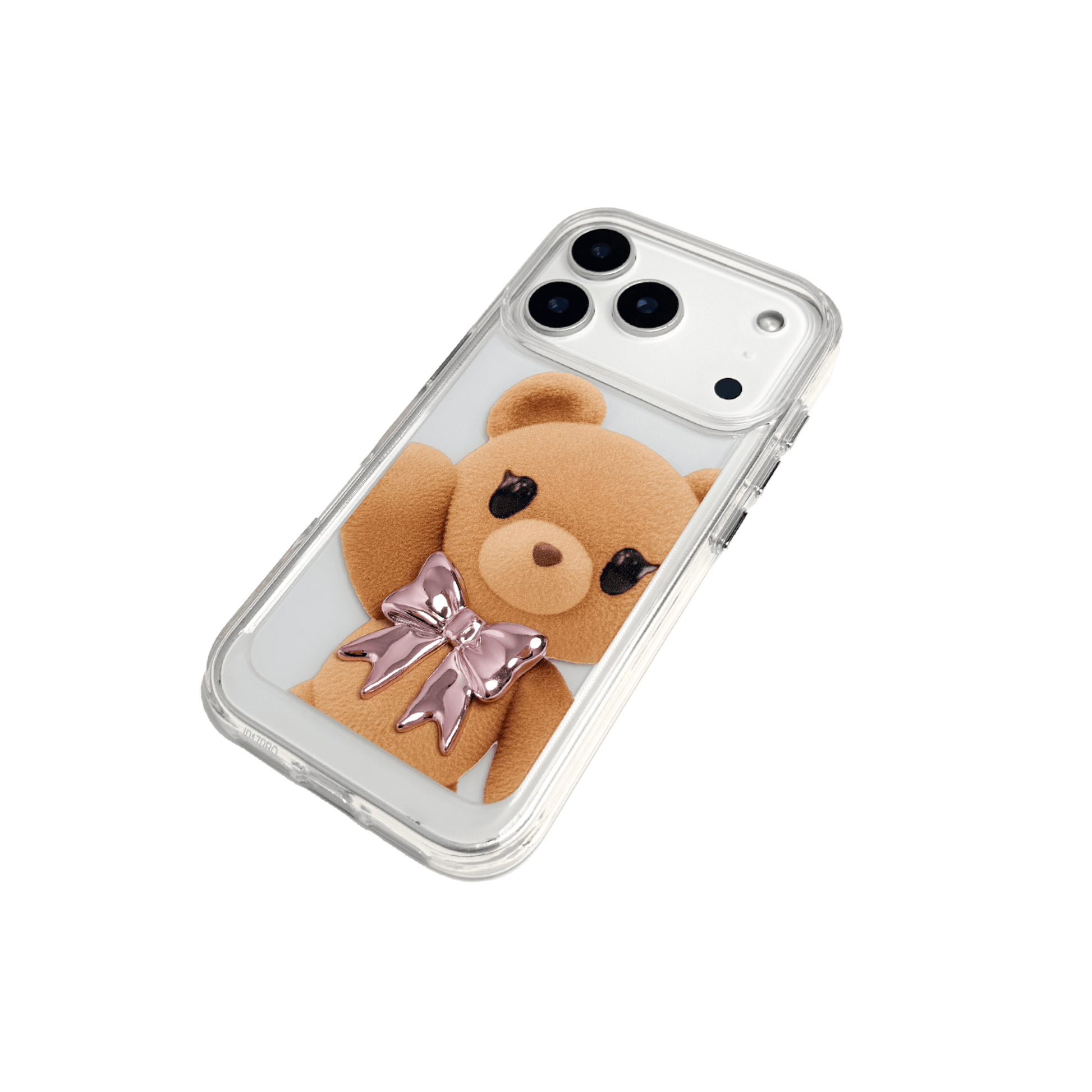 A clear iPhone case featuring a large illustration of a standing brown teddy bear wearing a textured, pink or purplish bow tie. The bear is centered on the transparent case.