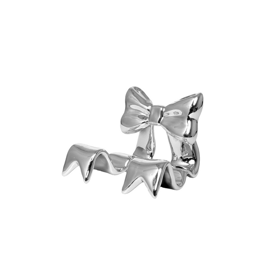 Silver bow-shaped tech stands on a white background