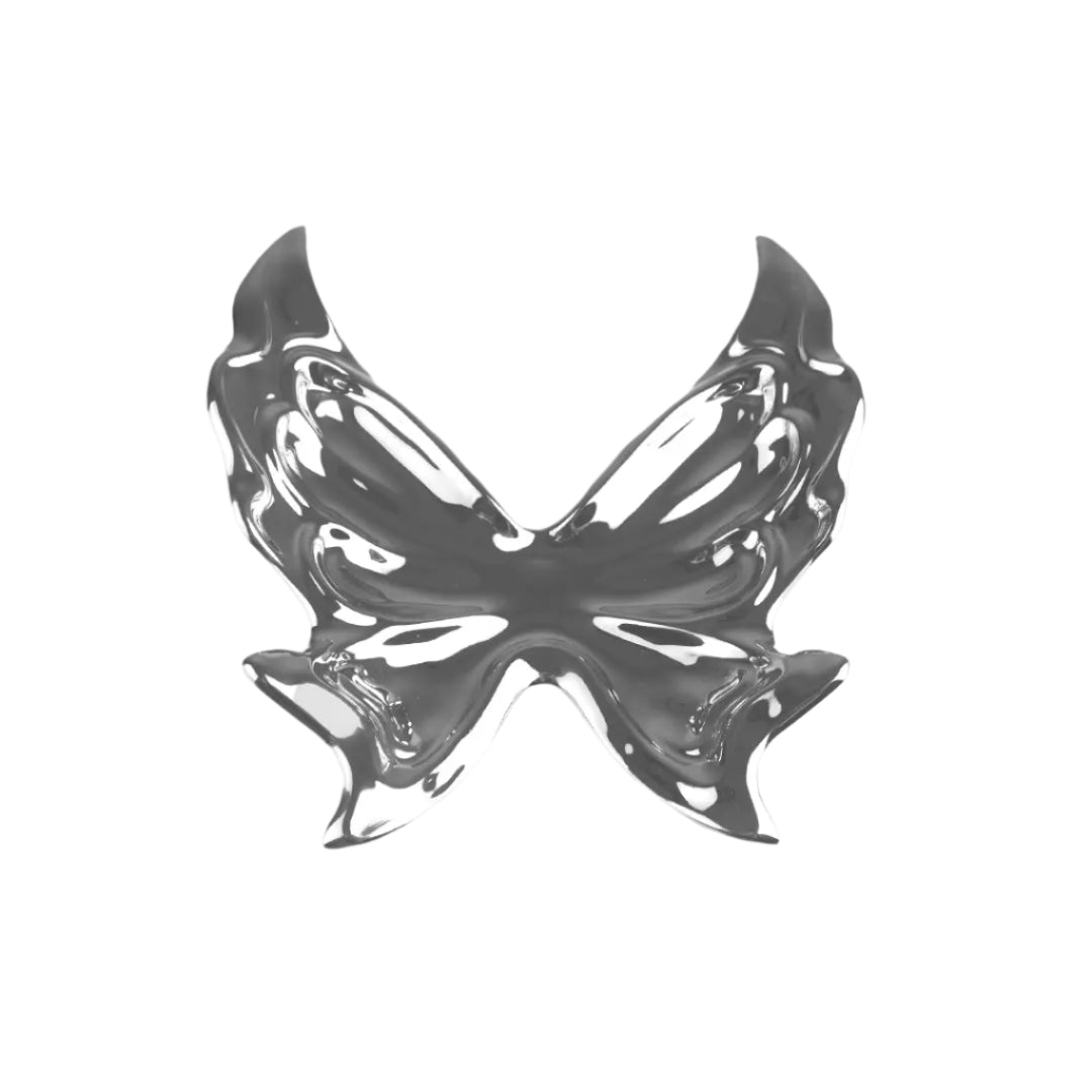 Futuristic chrome butterfly sculpture with fluid 3D wings – minimalist metal art piece featuring mirror-like surface and organic totemic form