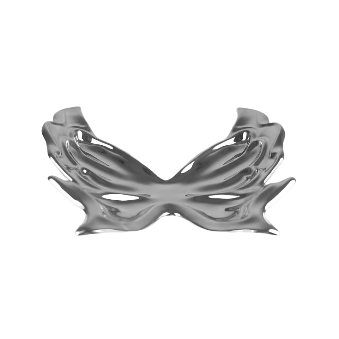 Futuristic chrome butterfly sculpture with fluid 3D wings – minimalist metal art piece featuring mirror-like surface and organic totemic form