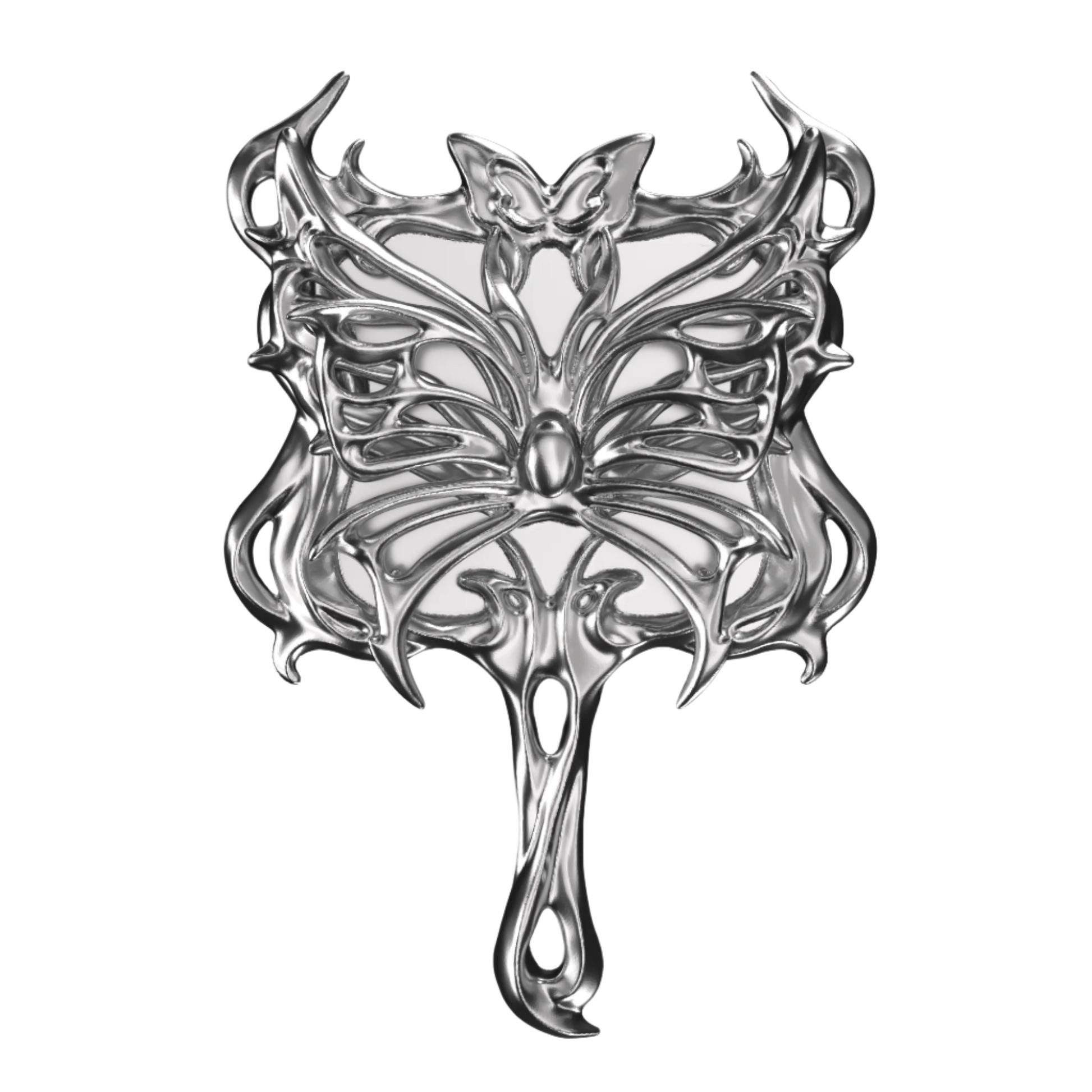 Futuristic chrome hand mirror with 3D sculptural butterfly design – metallic hollow totem-style frame