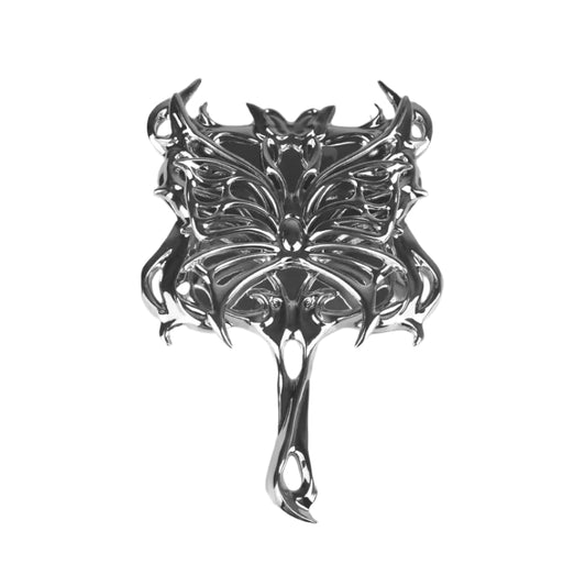 Futuristic chrome hand mirror with 3D sculptural butterfly design – metallic hollow totem-style frame