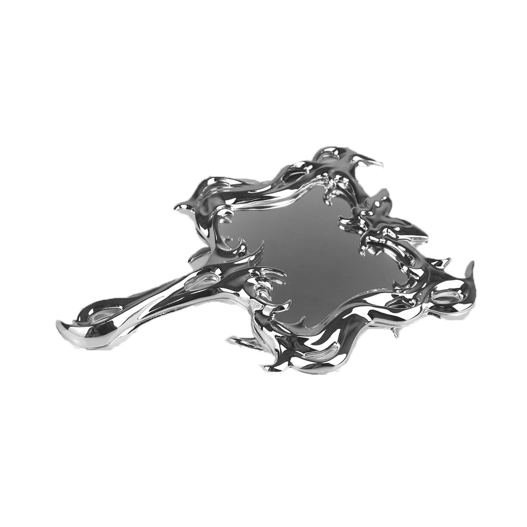 Futuristic chrome hand mirror with 3D sculptural butterfly design – metallic hollow totem-style frame