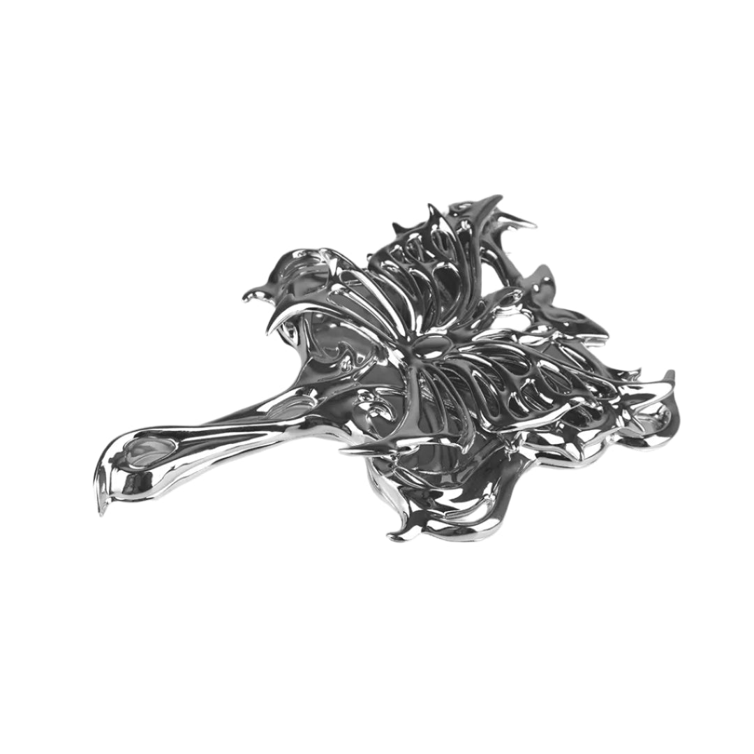 Futuristic chrome hand mirror with 3D sculptural butterfly design – metallic hollow totem-style frame