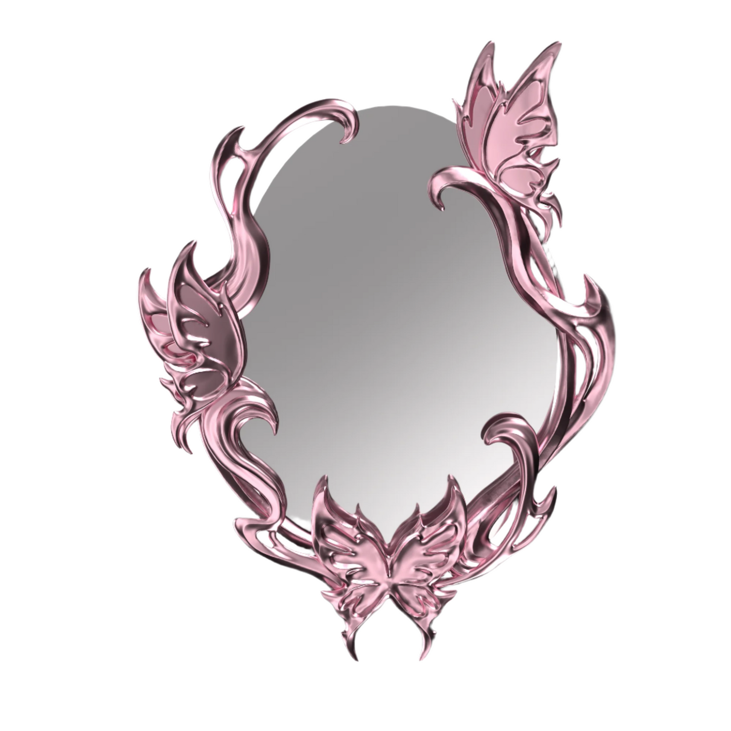 Silver and pink sculptural mirror with three butterfly motifs and flowing vine-like frame, designed in an abstract, molten aesthetic.