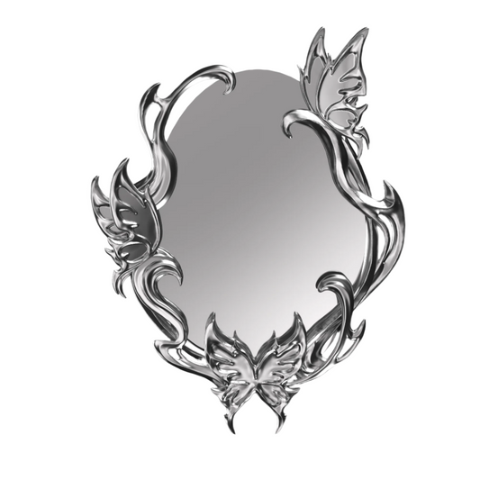 Silver and pink sculptural mirror with three butterfly motifs and flowing vine-like frame, designed in an abstract, molten aesthetic.
