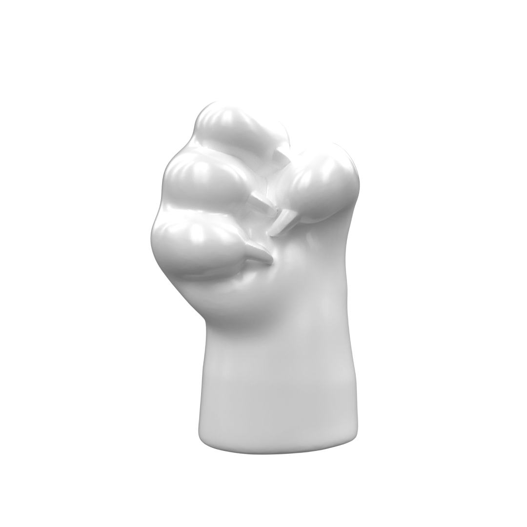 Futuristic chrome cat paw vase – sculptural paw-shaped metal vessel with smooth reflective finish, blending playful animal motif and minimalist design
