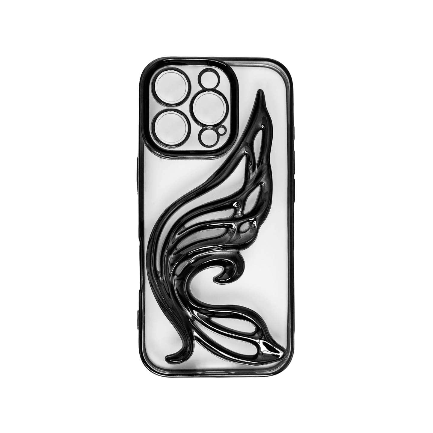 Celestial Wing iPhone Case in metallic finish, designed with a sculptural wing motif. Available in pink, silver, gold, purple, and black, exclusively for iPhone 16 Pro.