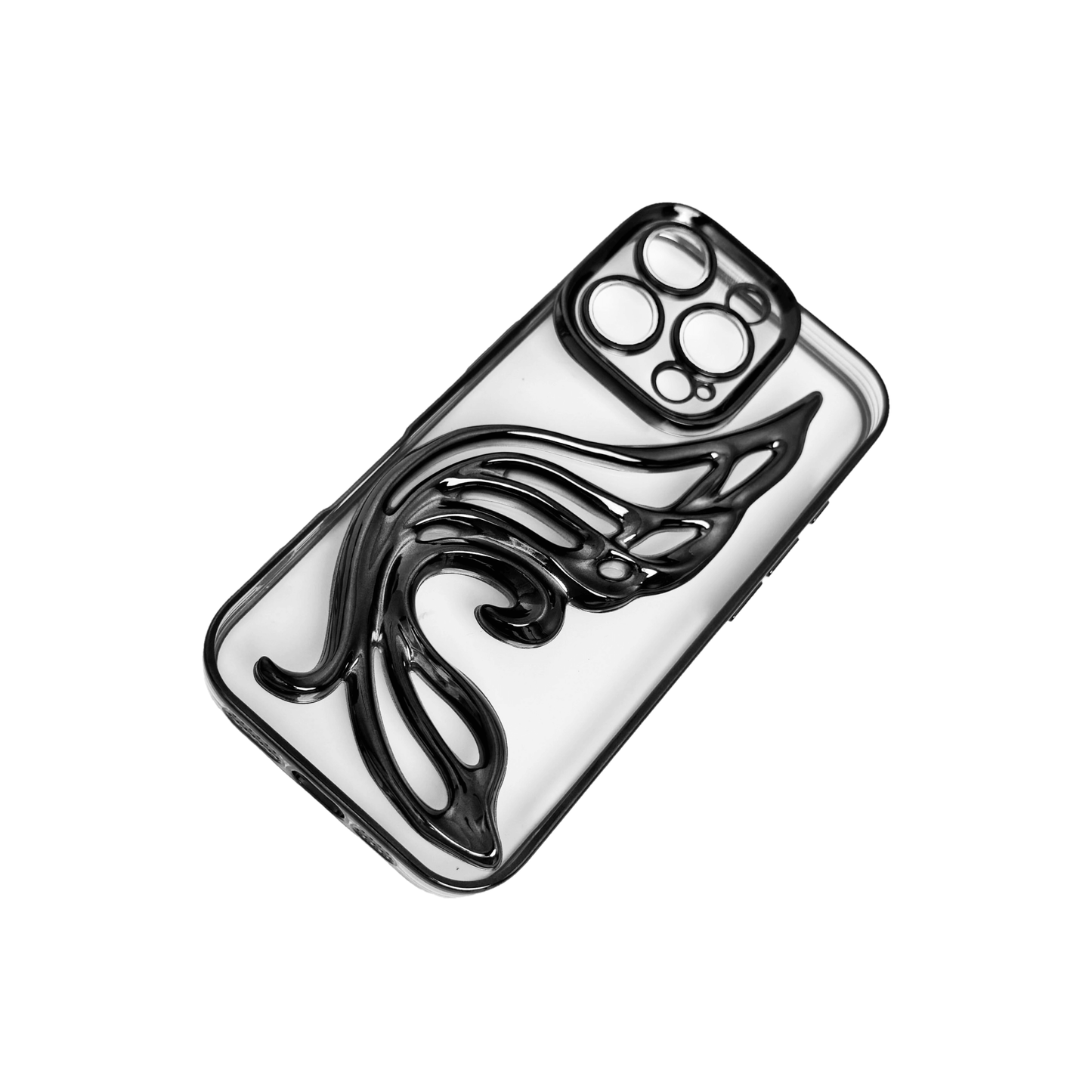 Celestial Wing iPhone Case in metallic finish, designed with a sculptural wing motif. Available in pink, silver, gold, purple, and black, exclusively for iPhone 16 Pro.