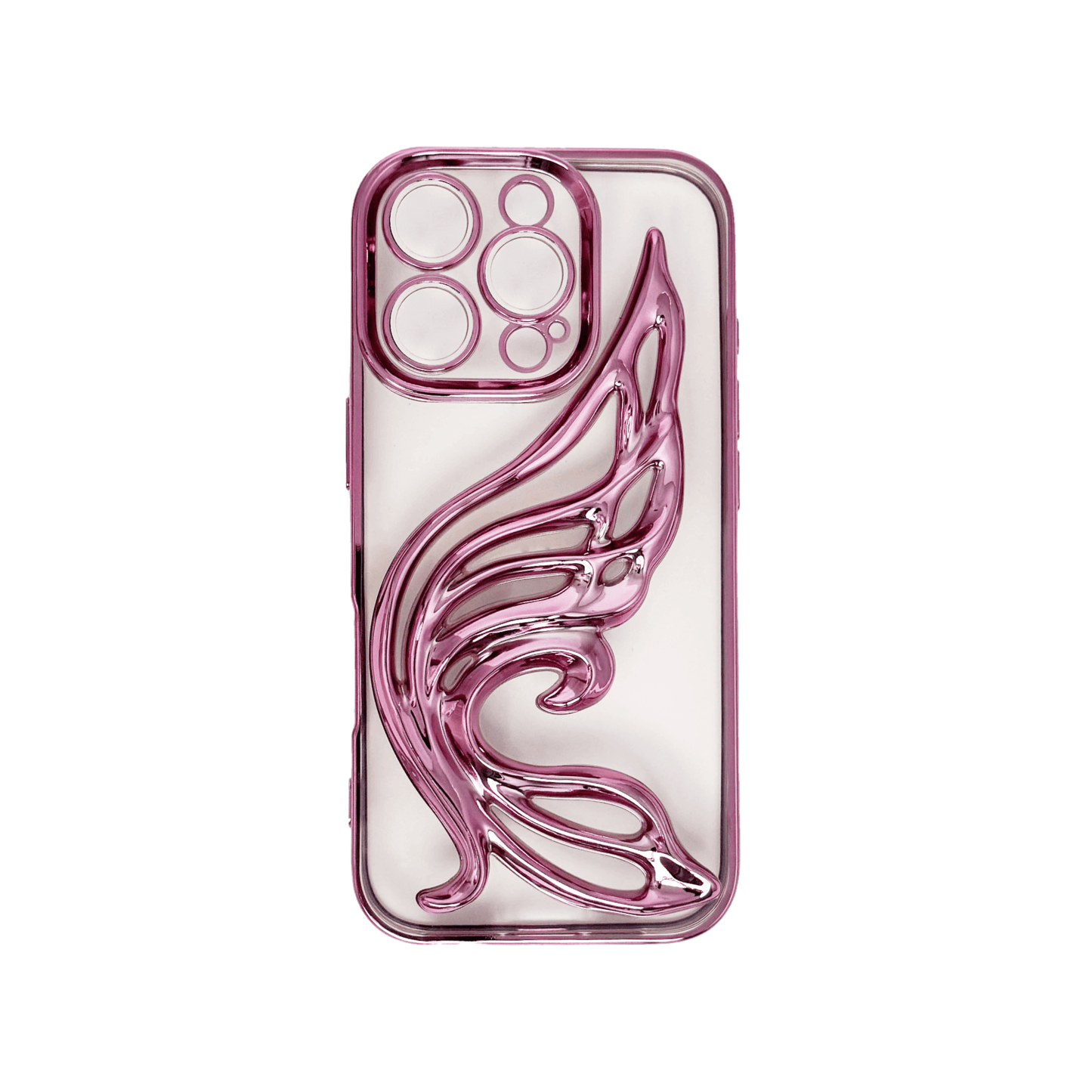Celestial Wing iPhone Case in metallic finish, designed with a sculptural wing motif. Available in pink, silver, gold, purple, and black, exclusively for iPhone 16 Pro.