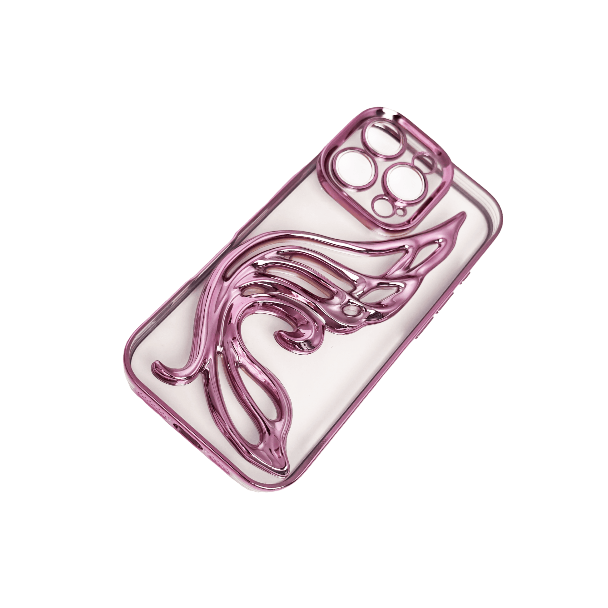 Celestial Wing iPhone Case in metallic finish, designed with a sculptural wing motif. Available in pink, silver, gold, purple, and black, exclusively for iPhone 16 Pro.