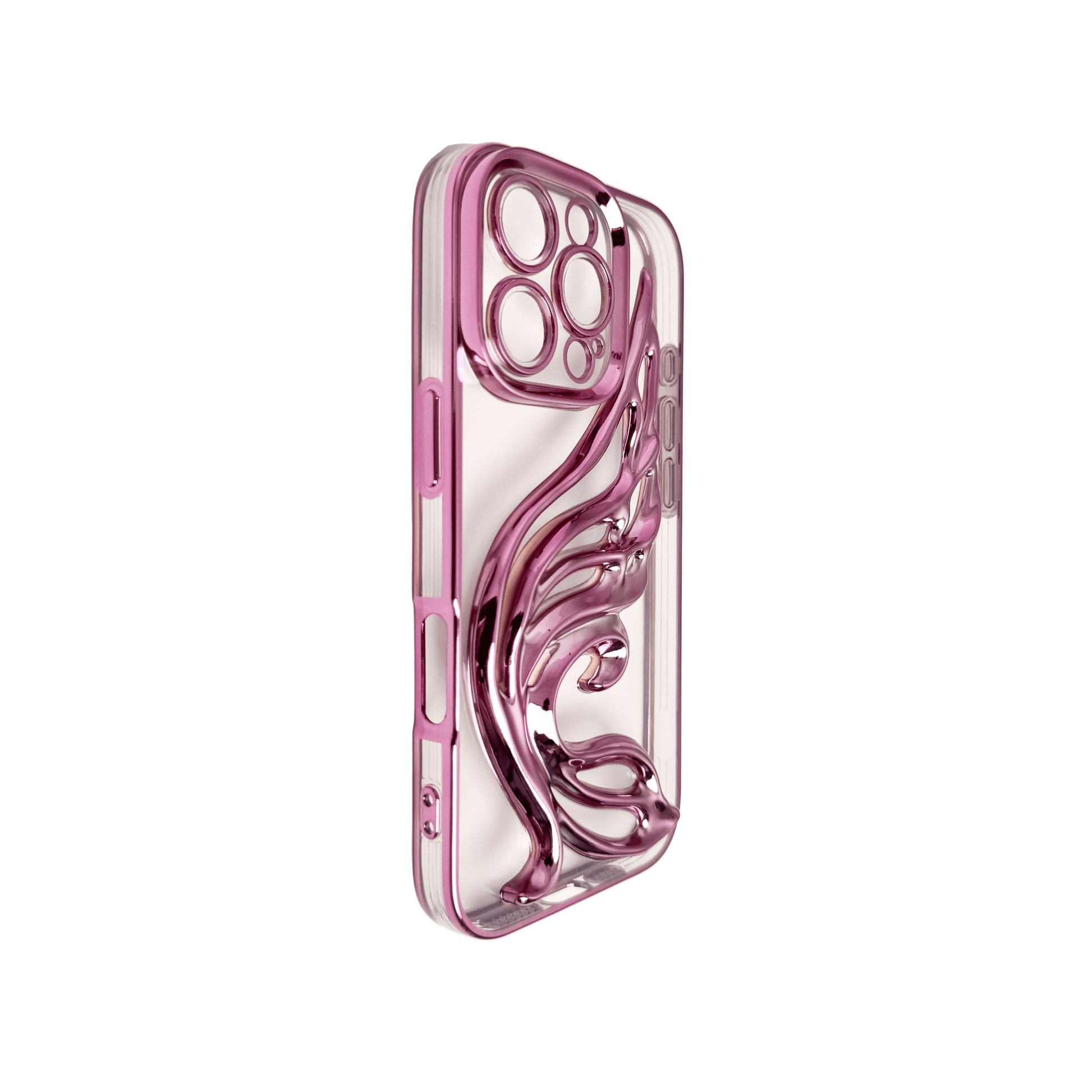 Celestial Wing iPhone Case in metallic finish, designed with a sculptural wing motif. Available in pink, silver, gold, purple, and black, exclusively for iPhone 16 Pro.