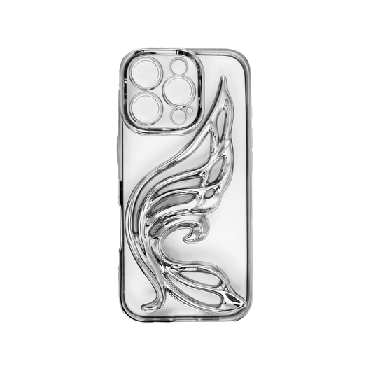Celestial Wing iPhone Case in metallic finish, designed with a sculptural wing motif. Available in pink, silver, gold, purple, and black, exclusively for iPhone 16 Pro.