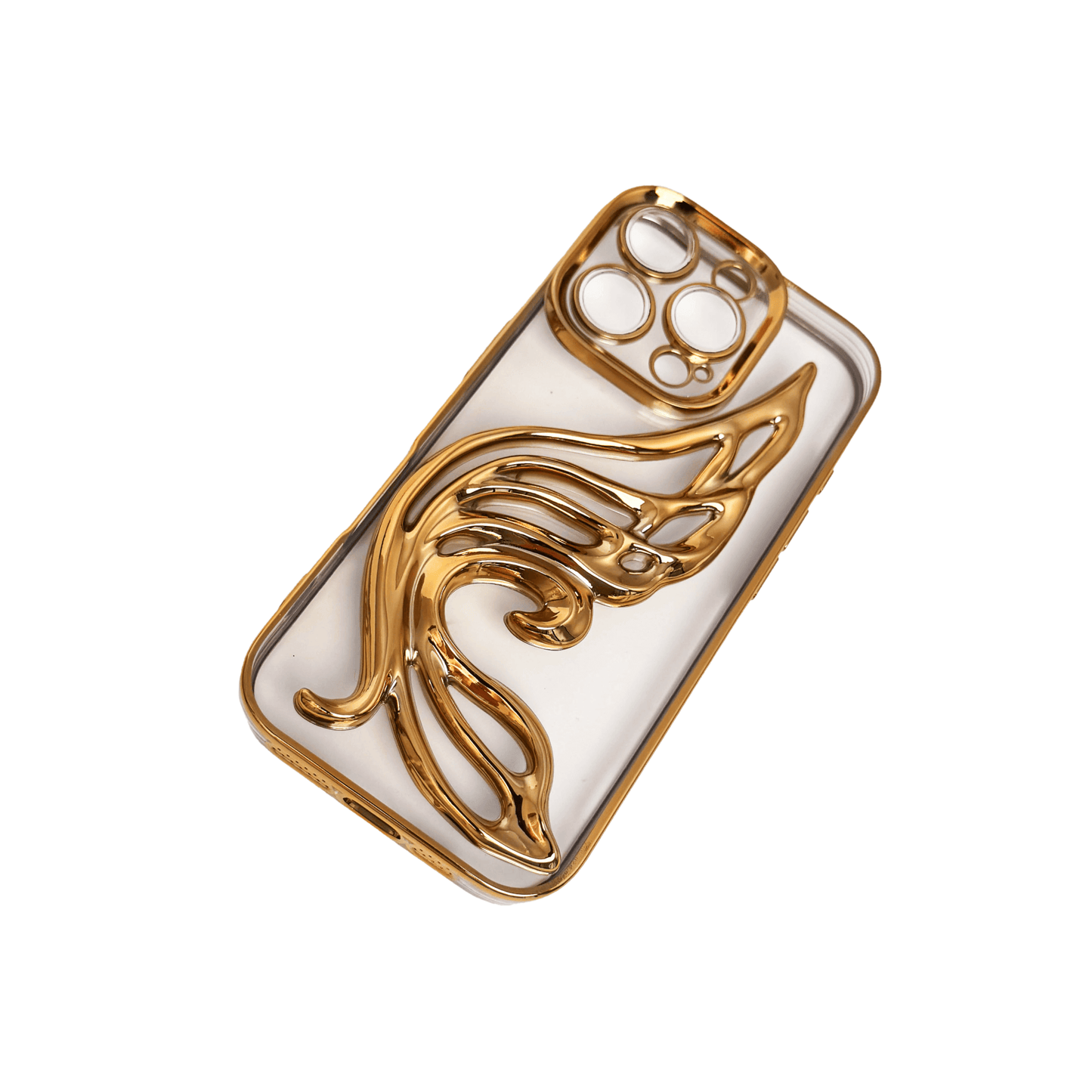 Celestial Wing iPhone Case in metallic finish, designed with a sculptural wing motif. Available in pink, silver, gold, purple, and black, exclusively for iPhone 16 Pro.