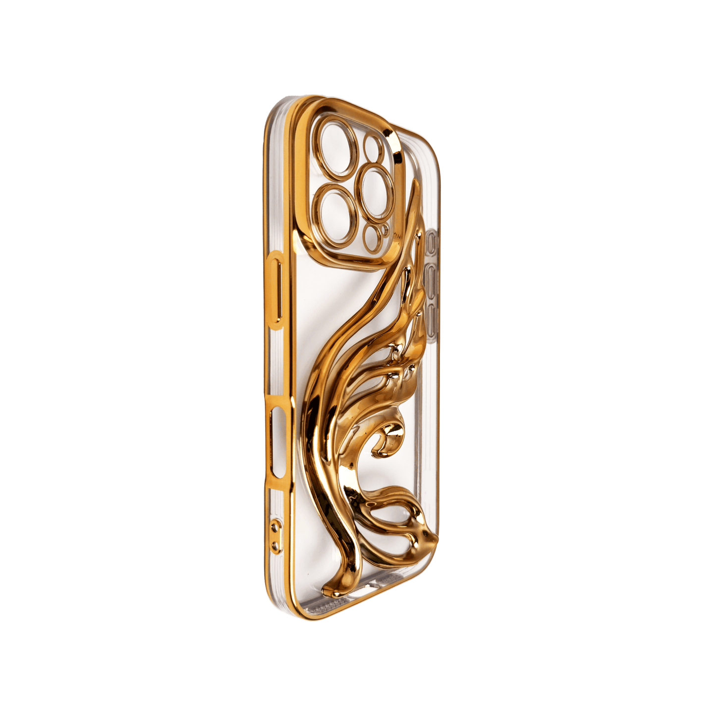 Celestial Wing iPhone Case in metallic finish, designed with a sculptural wing motif. Available in pink, silver, gold, purple, and black, exclusively for iPhone 16 Pro.