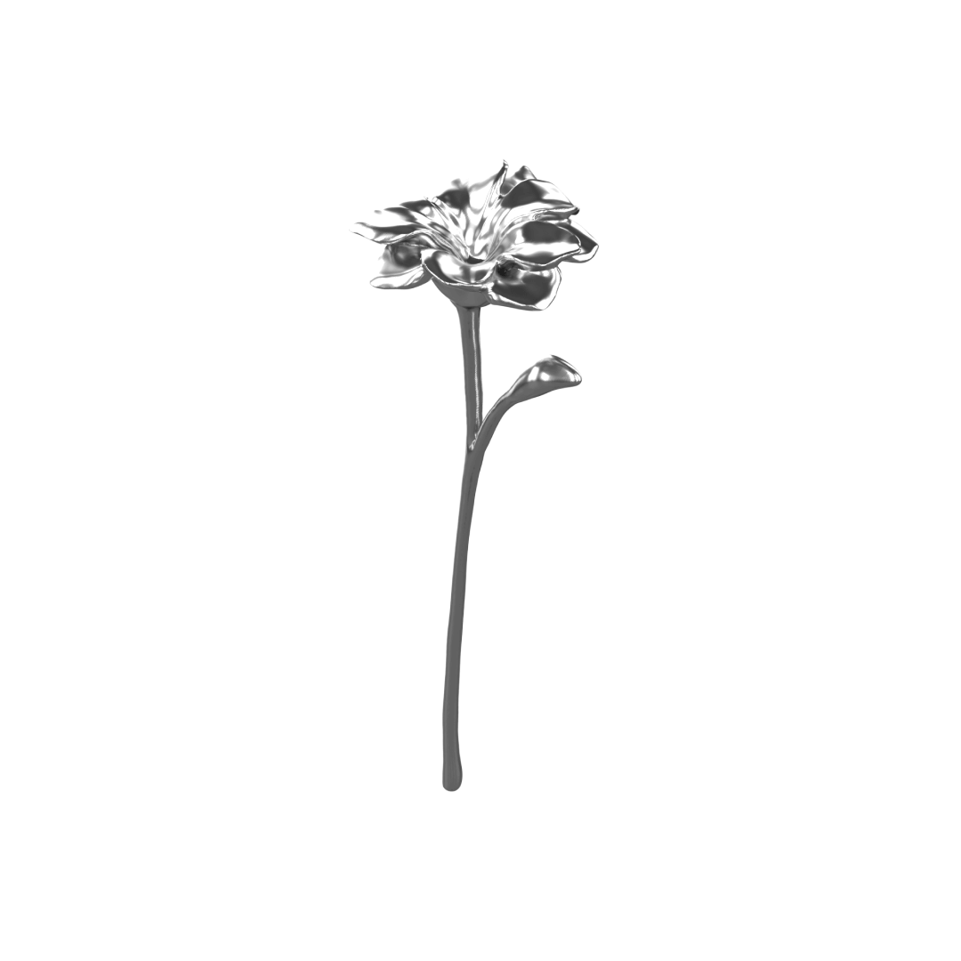 Futuristic chrome flower sculpture with fluid 3D petals – metallic botanical design in minimalist stem form