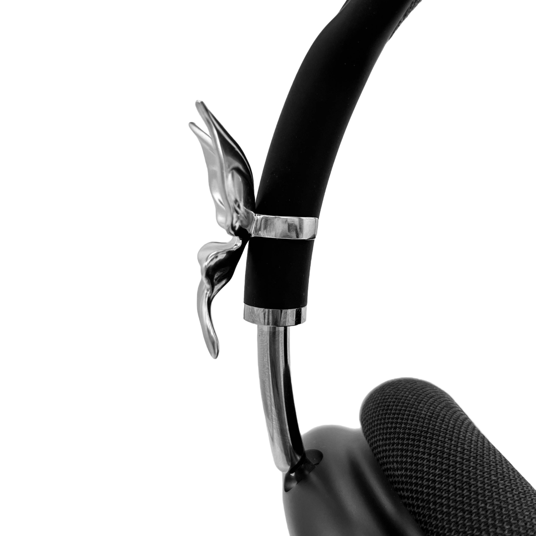 Chrome butterfly accessory for AirPods Max – sculptural clip-on headphone decoration