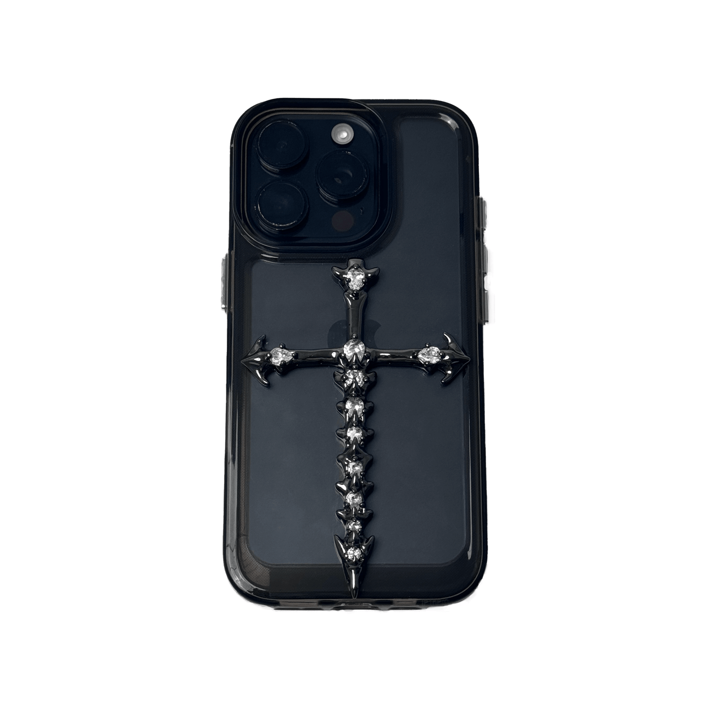 Cross iPhone Case with silver or transparent base and cross centerpiece available in silver or black.