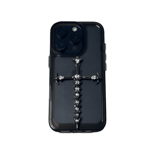 Cross iPhone Case with silver or transparent base and cross centerpiece available in silver or black.