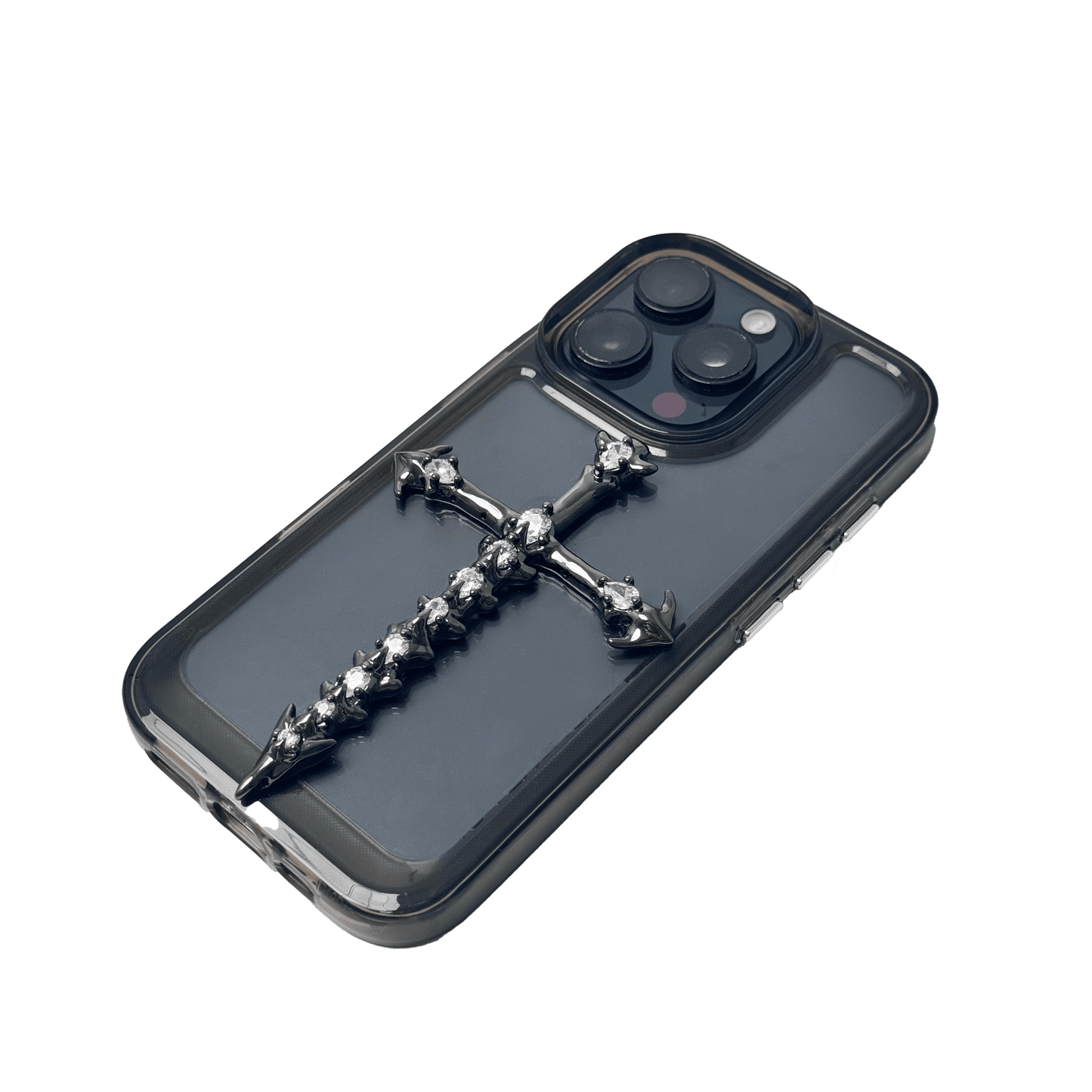 Cross iPhone Case with silver or transparent base and cross centerpiece available in silver or black.