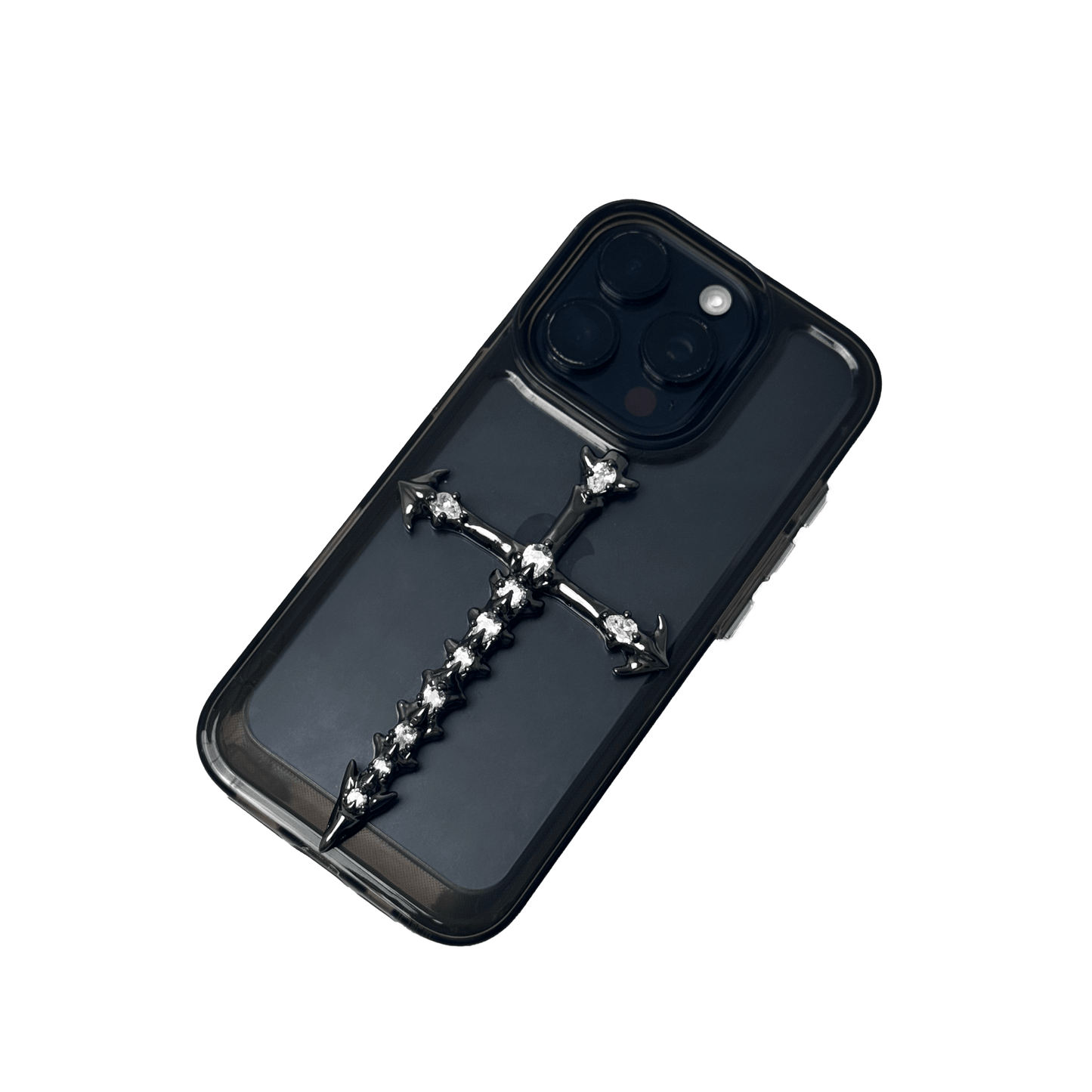 Cross iPhone Case with silver or transparent base and cross centerpiece available in silver or black.
