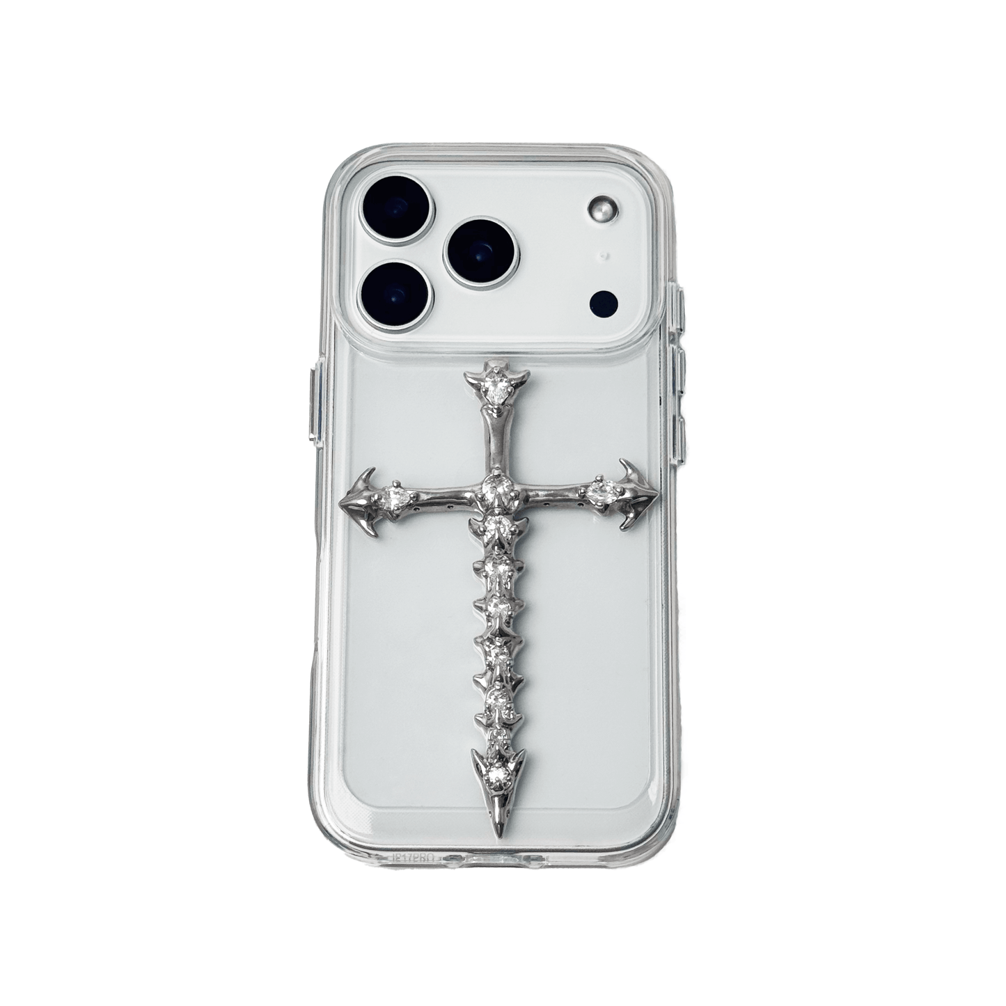 Cross iPhone Case with silver or transparent base and cross centerpiece available in silver or black.