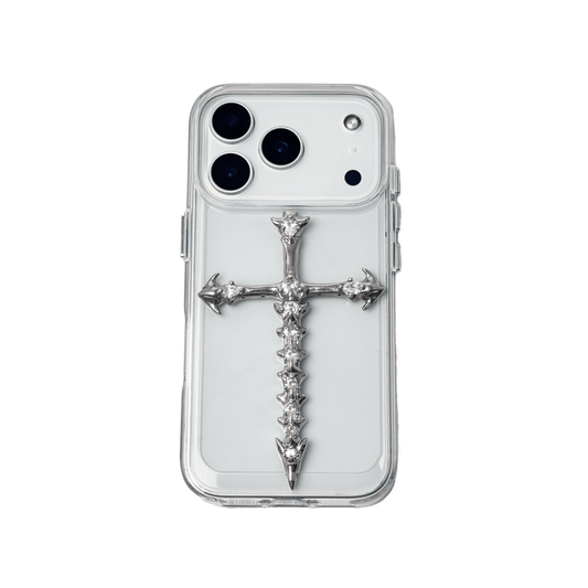 Cross iPhone Case with silver or transparent base and cross centerpiece available in silver or black.
