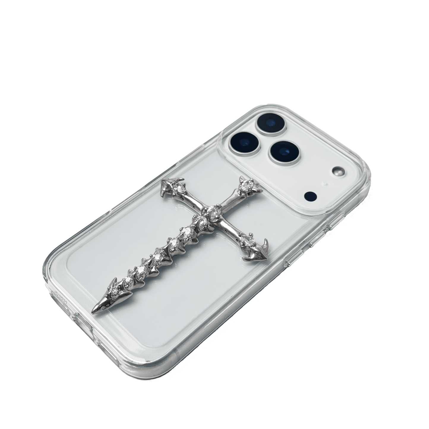 Cross iPhone Case with silver or transparent base and cross centerpiece available in silver or black.
