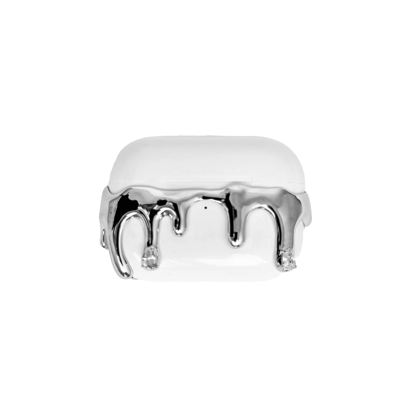 AirPods case with silver molten drip design and embedded crystals, resembling melted metal frozen mid-flow for a luxe, futuristic look.