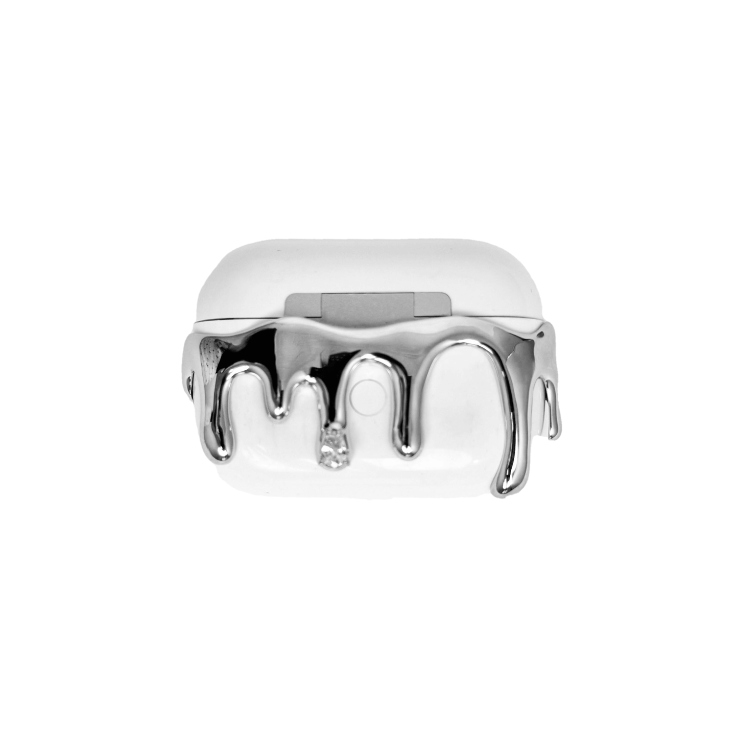 AirPods case with silver molten drip design and embedded crystals, resembling melted metal frozen mid-flow for a luxe, futuristic look.