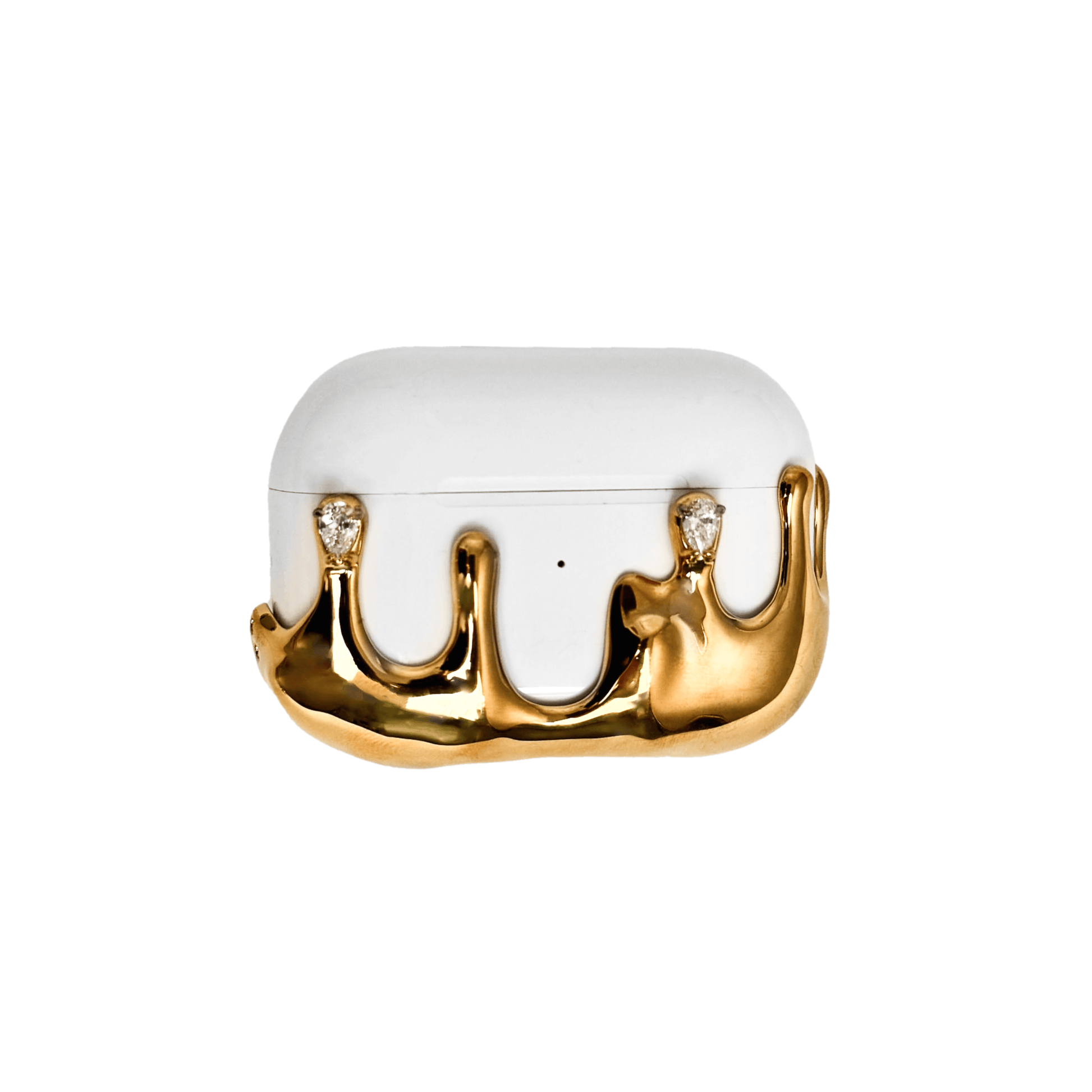 Luxurious 18K gold plated molten drip AirPods case cover, featuring a sculptural upward-flowing design with embedded glistening gemstones.
豪華な18K金メッキを施した、溶融ドリップ（溶け出すゴールド）型AirPodsケースカバー。宝石をあしらった彫刻的なデザイン。