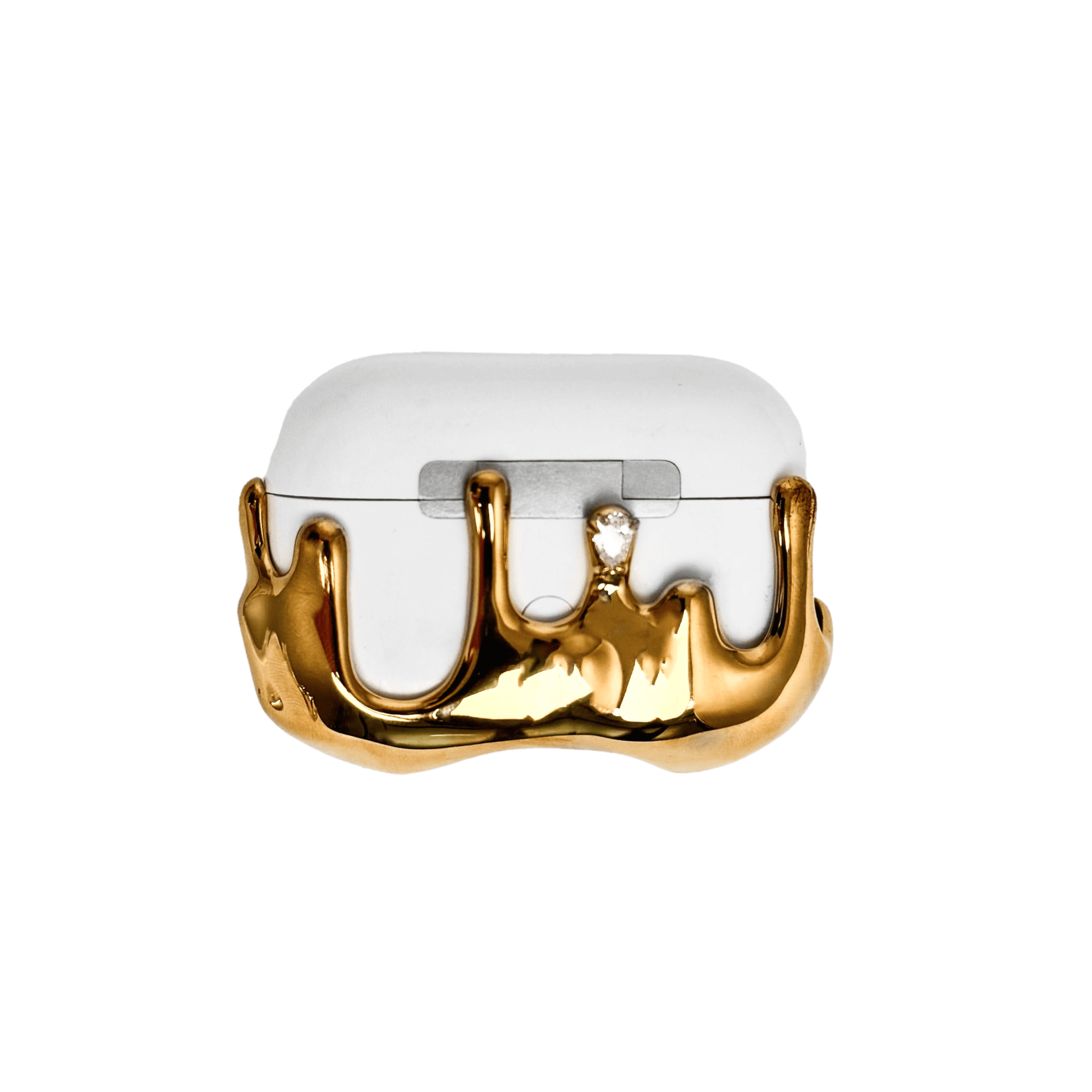 AirPods case with upward-flowing silver surge design, featuring crystal accents at the tips of molten-like peaks for a rising liquid metal effect.