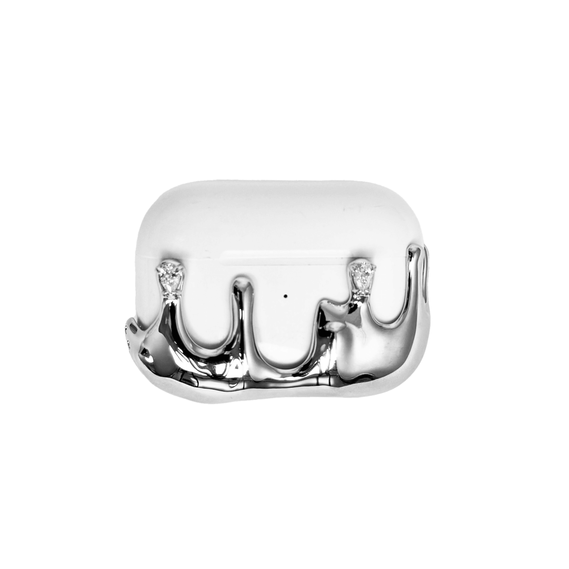 AirPods case with upward-flowing silver surge design, featuring crystal accents at the tips of molten-like peaks for a rising liquid metal effect.