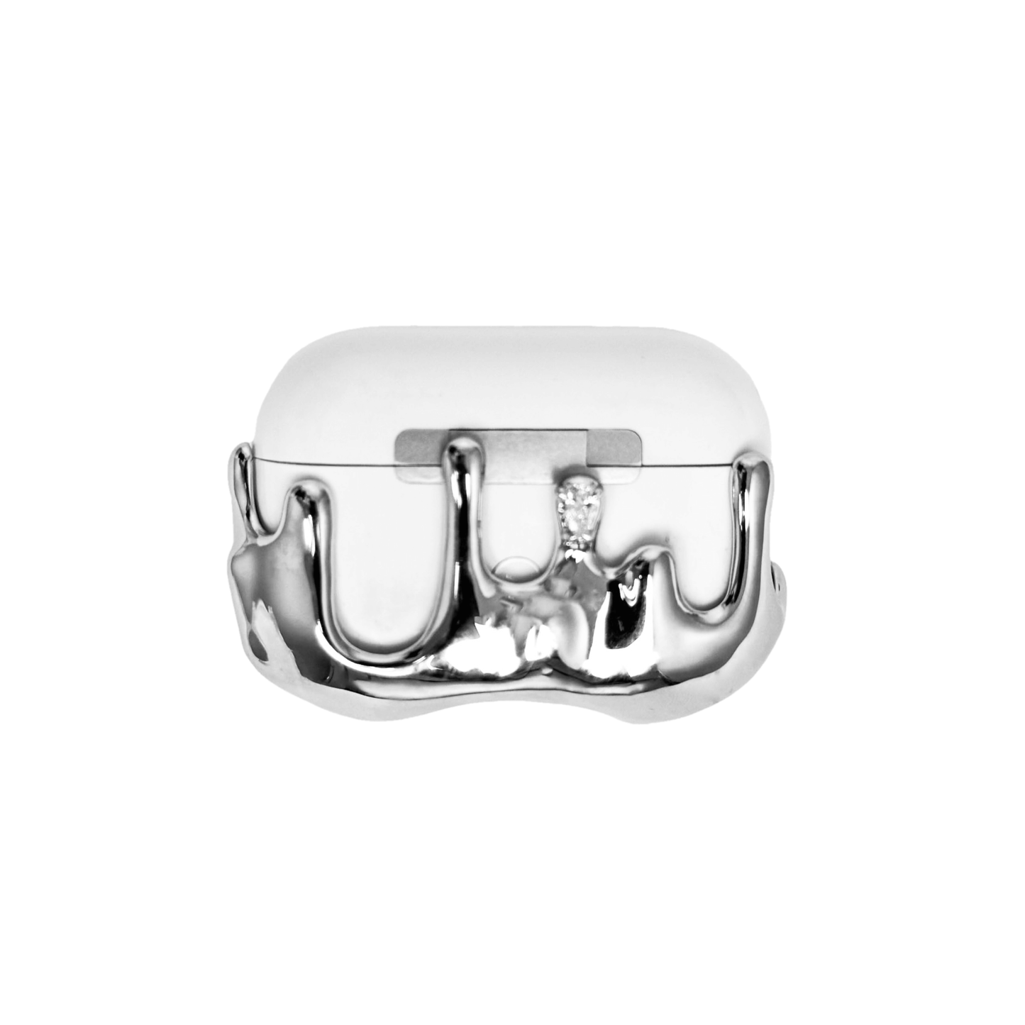 AirPods case with upward-flowing silver surge design, featuring crystal accents at the tips of molten-like peaks for a rising liquid metal effect.