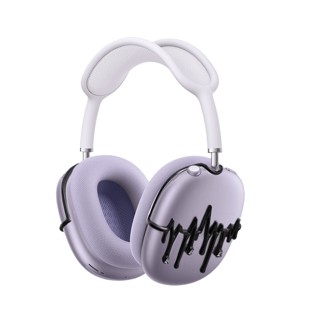 AirPods Max cover featuring silver chrome waveform patterns resembling musical pulses, with crystal-like droplets hanging from the lines, set against matte black earcups.