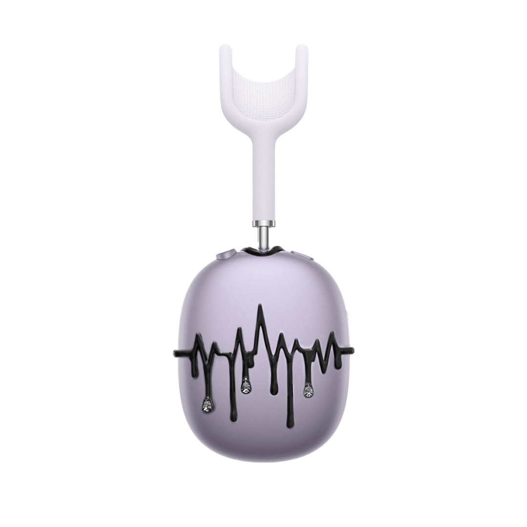 AirPods Max cover featuring silver chrome waveform patterns resembling musical pulses, with crystal-like droplets hanging from the lines, set against matte black earcups.