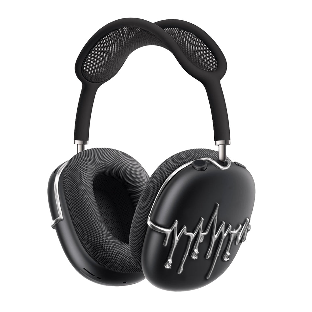 AirPods Max cover featuring silver chrome waveform patterns resembling musical pulses, with crystal-like droplets hanging from the lines, set against matte black earcups.
