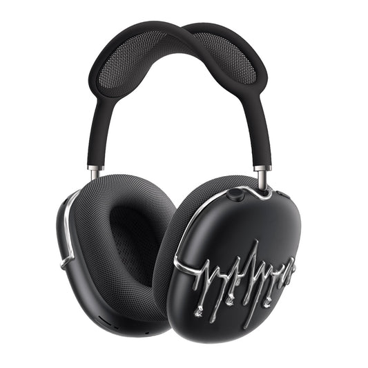 AirPods Max cover featuring silver chrome waveform patterns resembling musical pulses, with crystal-like droplets hanging from the lines, set against matte black earcups.