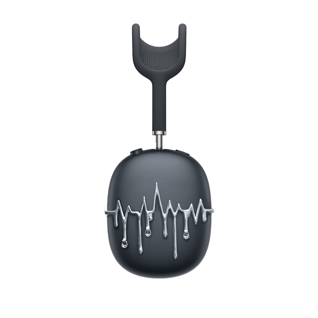 AirPods Max cover featuring silver chrome waveform patterns resembling musical pulses, with crystal-like droplets hanging from the lines, set against matte black earcups.