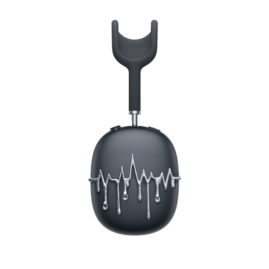 AirPods Max cover featuring silver chrome waveform patterns resembling musical pulses, with crystal-like droplets hanging from the lines, set against matte black earcups.