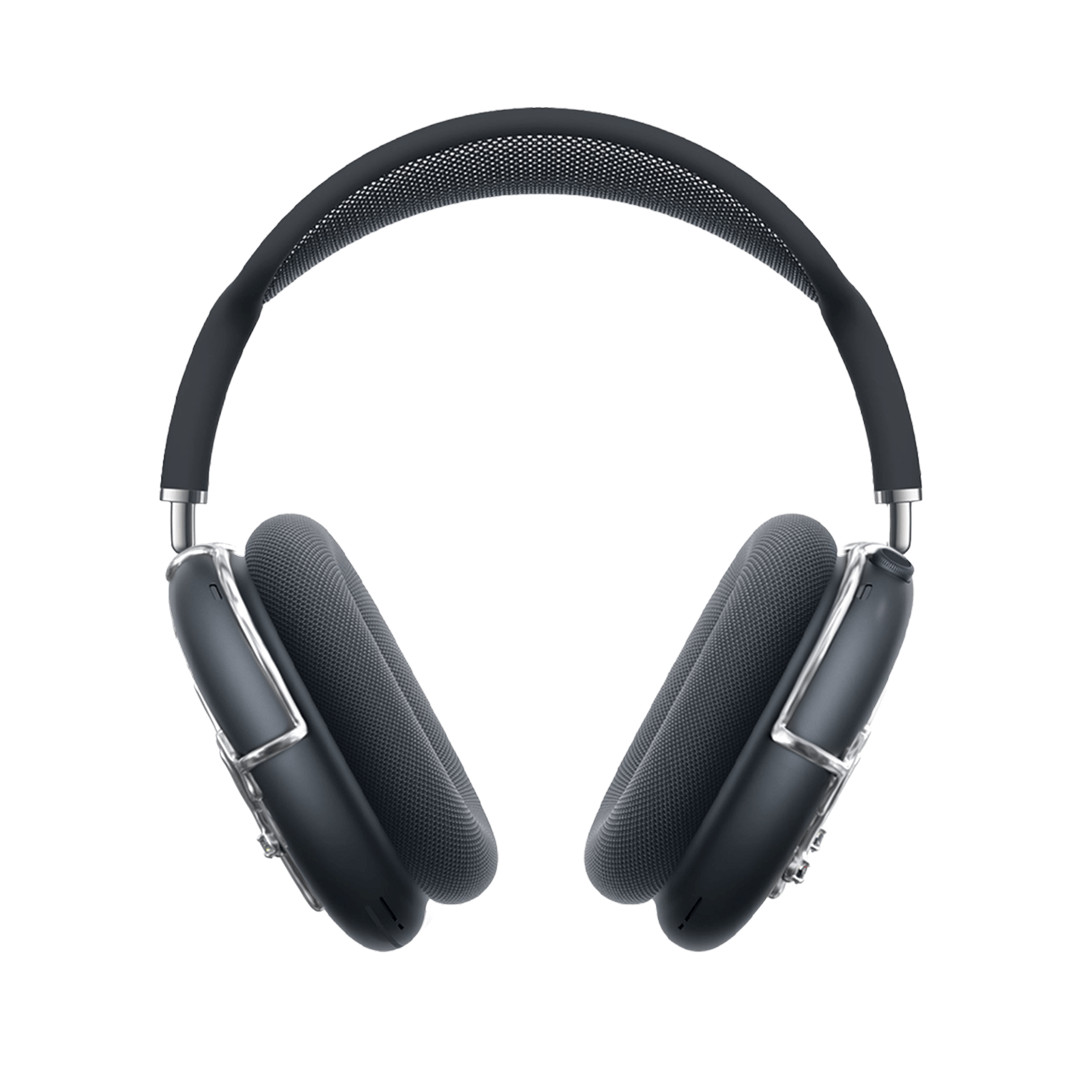 AirPods Max cover featuring silver chrome waveform patterns resembling musical pulses, with crystal-like droplets hanging from the lines, set against matte black earcups.