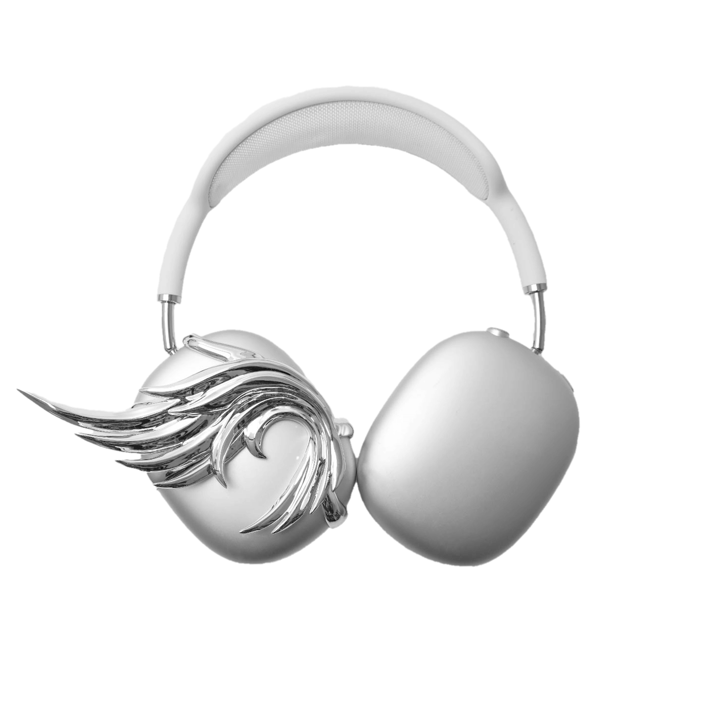 A sculptural 3D attachment for AirPods Max headphones featuring unique, upward-curled angel wings with layered feather details. Available in two finishes: Reflective Silver Chrome and Matte Ethereal White. Shown in both single ear cup and symmetrical pair configurations.