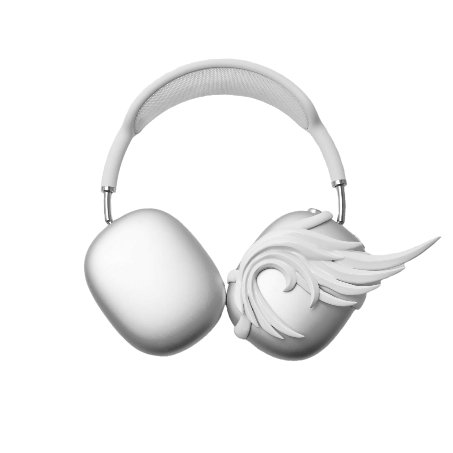 A sculptural 3D attachment for AirPods Max headphones featuring unique, upward-curled angel wings with layered feather details. Available in two finishes: Reflective Silver Chrome and Matte Ethereal White. Shown in both single ear cup and symmetrical pair configurations.