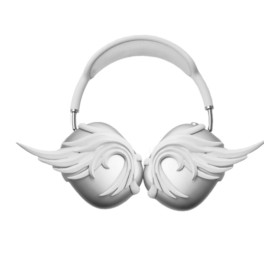 A sculptural 3D attachment for AirPods Max headphones featuring unique, upward-curled angel wings with layered feather details. Available in two finishes: Reflective Silver Chrome and Matte Ethereal White. Shown in both single ear cup and symmetrical pair configurations.