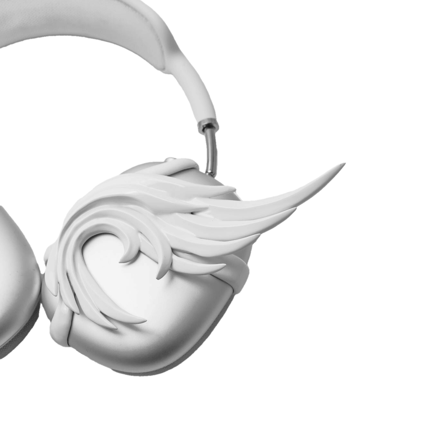A sculptural 3D attachment for AirPods Max headphones featuring unique, upward-curled angel wings with layered feather details. Available in two finishes: Reflective Silver Chrome and Matte Ethereal White. Shown in both single ear cup and symmetrical pair configurations.