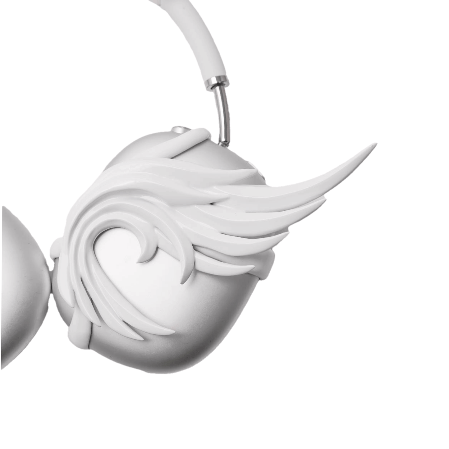 A sculptural 3D attachment for AirPods Max headphones featuring unique, upward-curled angel wings with layered feather details. Available in two finishes: Reflective Silver Chrome and Matte Ethereal White. Shown in both single ear cup and symmetrical pair configurations.