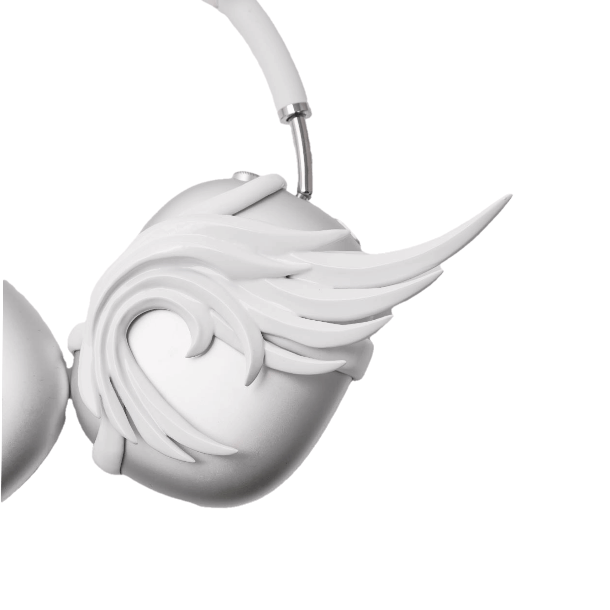 A sculptural 3D attachment for AirPods Max headphones featuring unique, upward-curled angel wings with layered feather details. Available in two finishes: Reflective Silver Chrome and Matte Ethereal White. Shown in both single ear cup and symmetrical pair configurations.