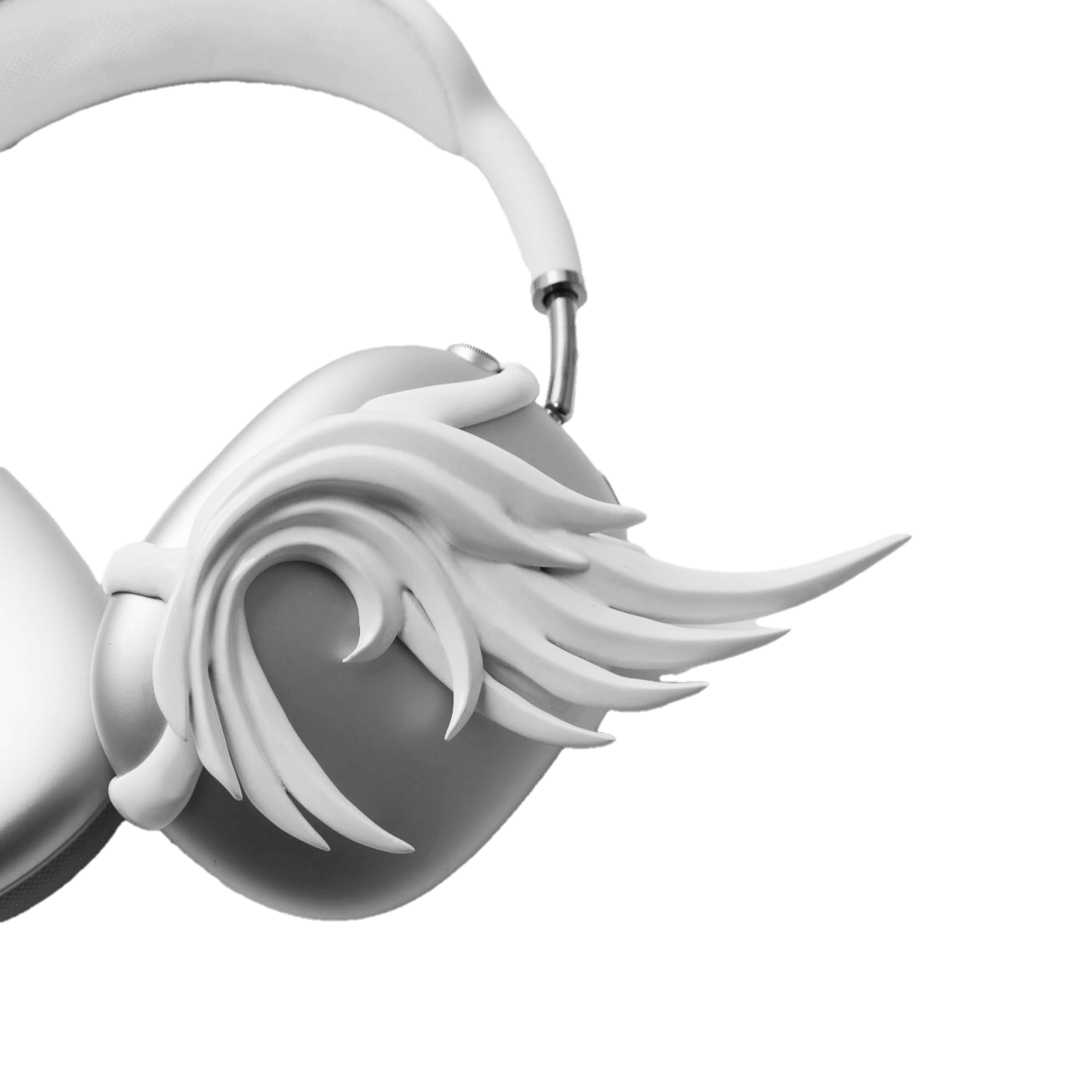 A sculptural 3D attachment for AirPods Max headphones featuring unique, upward-curled angel wings with layered feather details. Available in two finishes: Reflective Silver Chrome and Matte Ethereal White. Shown in both single ear cup and symmetrical pair configurations.