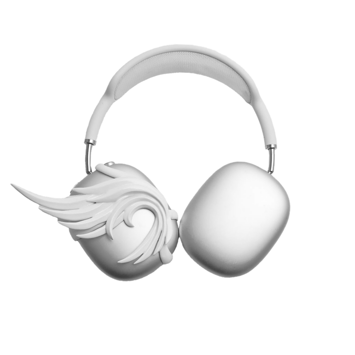 A sculptural 3D attachment for AirPods Max headphones featuring unique, upward-curled angel wings with layered feather details. Available in two finishes: Reflective Silver Chrome and Matte Ethereal White. Shown in both single ear cup and symmetrical pair configurations.